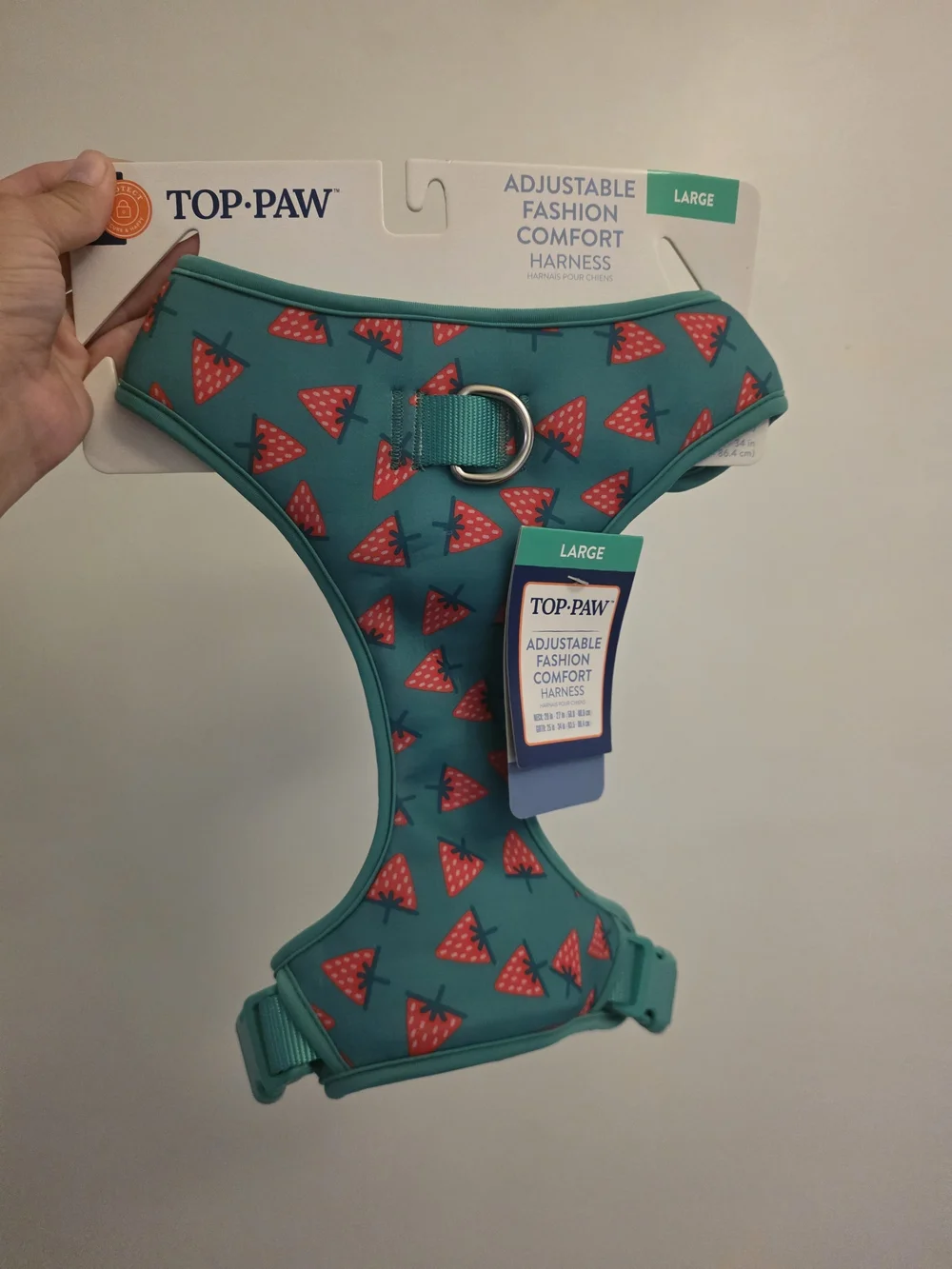 Top Paw Teal Harness with Red Strawberry Print - Adjustable Large